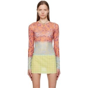 Miaou Orange Blue Purple Printed Long Sleeve Sheer Mesh Top Shirt Blouse T-Shirt